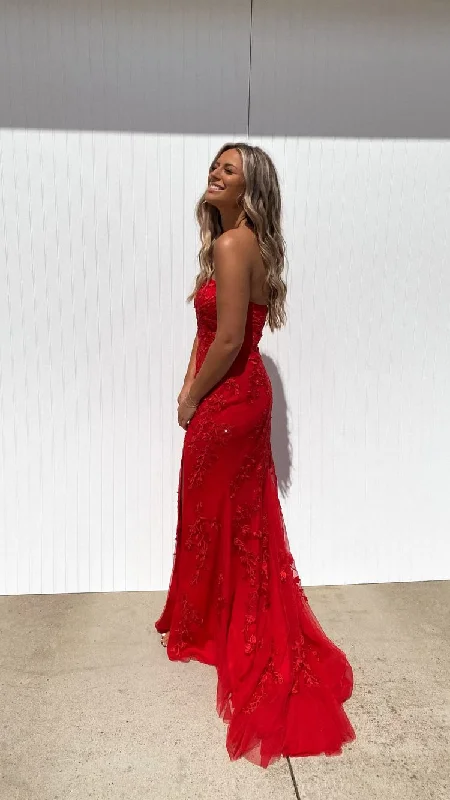 women's bespoke dressesStrapless Red Lace Tulle Prom Dress,Elegant Red Evening Dress Y1731