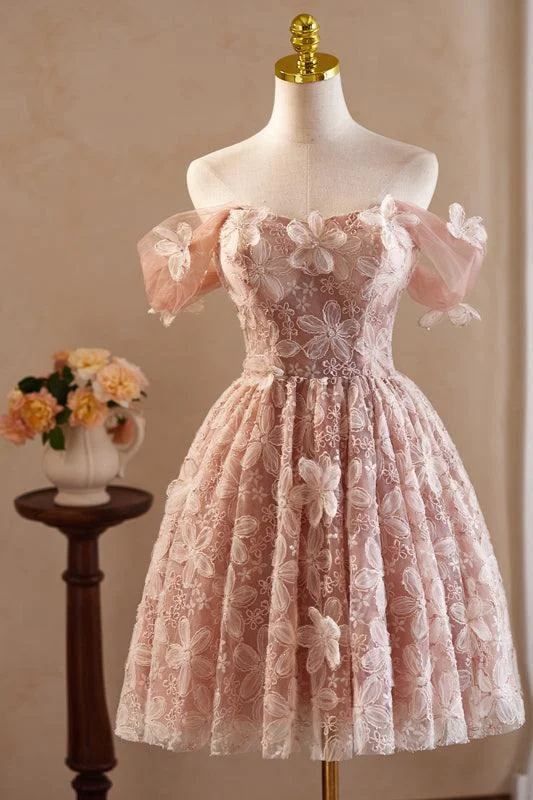 women's trendy dressesVintage Off the Shoulder Pink Homecoming Dress with Flower Appliques