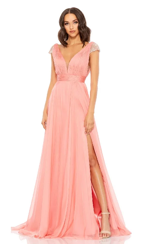 Denim DressCoral Pink Cap Sleeve Long Prom Gown 67811