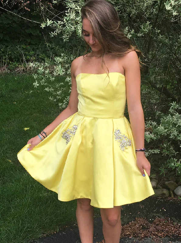 Empire DressDaffodil Strapless Short Homecoming Dress With Beading Pockets OM523