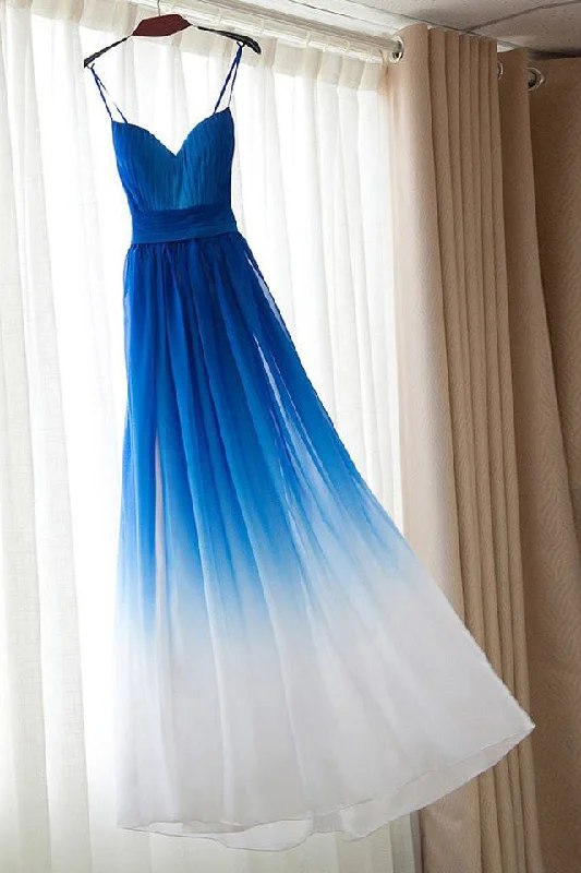 women's midi dressesRoyal Blue White Ombre Long Bridesmaid Dress,A-line Sweetheart Chiffon Prom Dress OK241