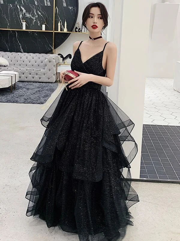 women's smart casual dressesShiny Black V Neck Prom Dresses, Backless Black V Neck Formal Evening Dress Y1767