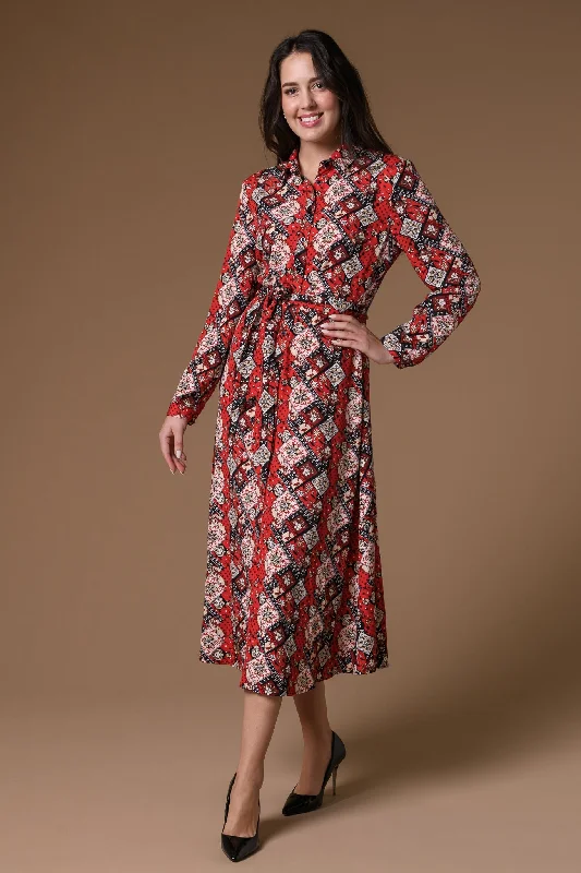 Laced DressBelted Tile Print Maxi Dress- Red