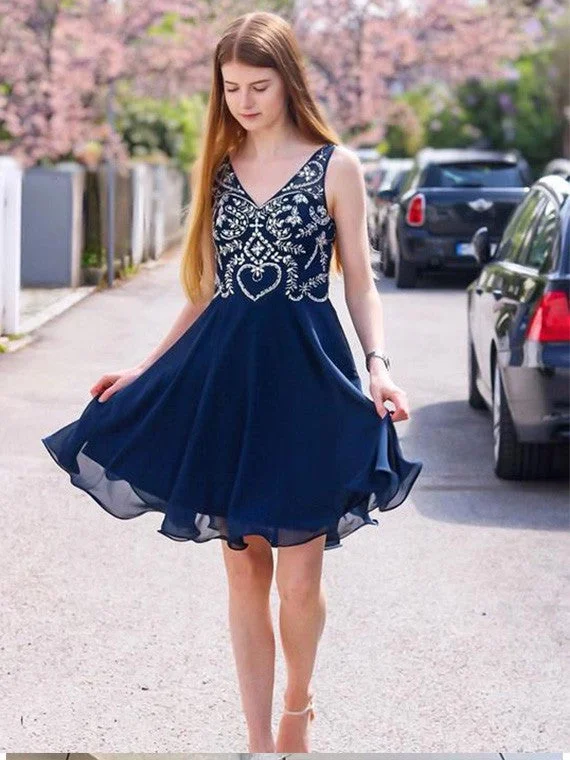 High-Low DressA Line V Neck Navy Blue Beading Short Chiffon Homecoming Dresses OM346