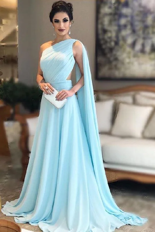 Vintage DressLight Blue One Shoulder Chiffon Formal Prom Gowns, Simple Bridesmaid Dresses OKI35