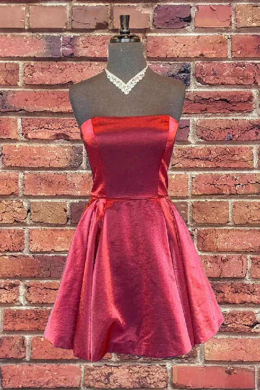 women's custom dressesSimple Short Burgundy Strapless Satin Homecoming Dress