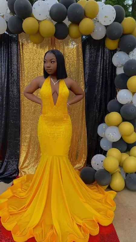 Fit-And-Flare DressStunning Yellow Mermaid Prom Dress,Sexy Evening Dress With Train Y1709