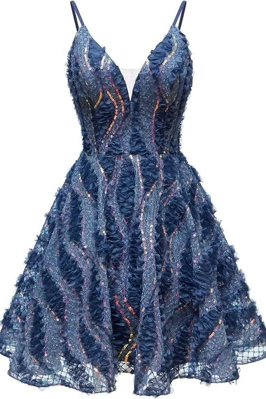 Laced DressDark Navy Sequins Spaghetti Straps V Neck Homecoming Dress