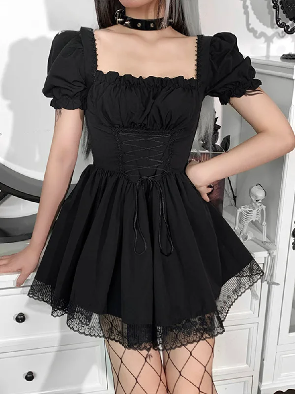 Glitter DressLolita Black Goth Aesthetic Puff Sleeve High Waist Mini Vintage Lace Trim Bandage Corset Dress