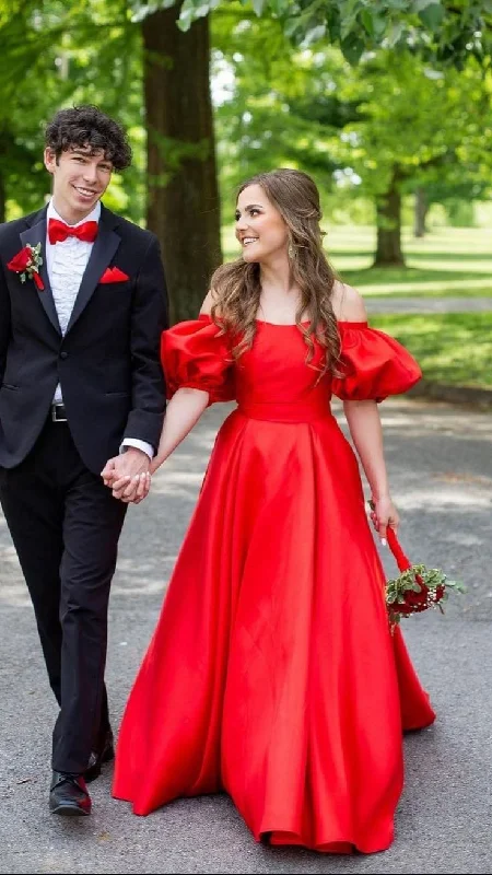 Flutter-Sleeve DressBubble Sleeve Red A-line Satin Prom Dress,Princess Dress  Y5338