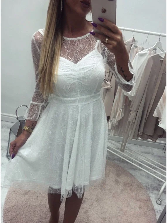 women's unique dressesA-Line Round Neck Long Sleeves Lace Short Homecoming Dress OM370