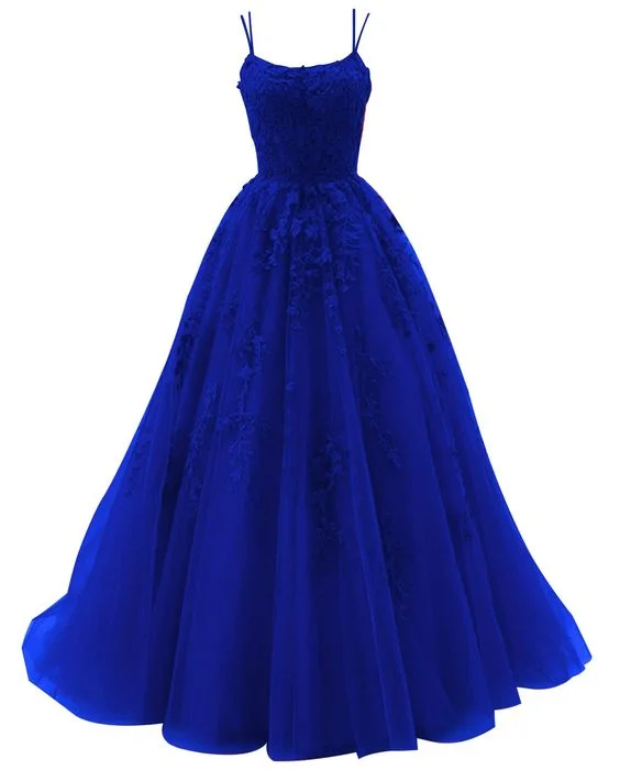 Wrap DressRoyal Blue Spaghetti Strap Prom Dress Ball Gown Lace Appliques Wedding Tulle Long Dress Princess Formal Evening Dress Y1905