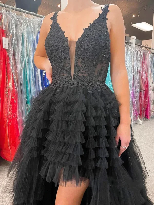 women's curve-hugging dressesV Neck Backless High Low Beaded Black Lace Long Prom Dresses, Backless Black Formal Dresses, Black Lace Evening Dresses Y1769