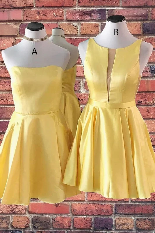 Elegant DressShort A-Line Yellow Sleeveless Satin Homecoming Dress