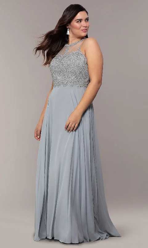 women's denim dressesLong Chiffon Embroidered-Bodice Prom Dress