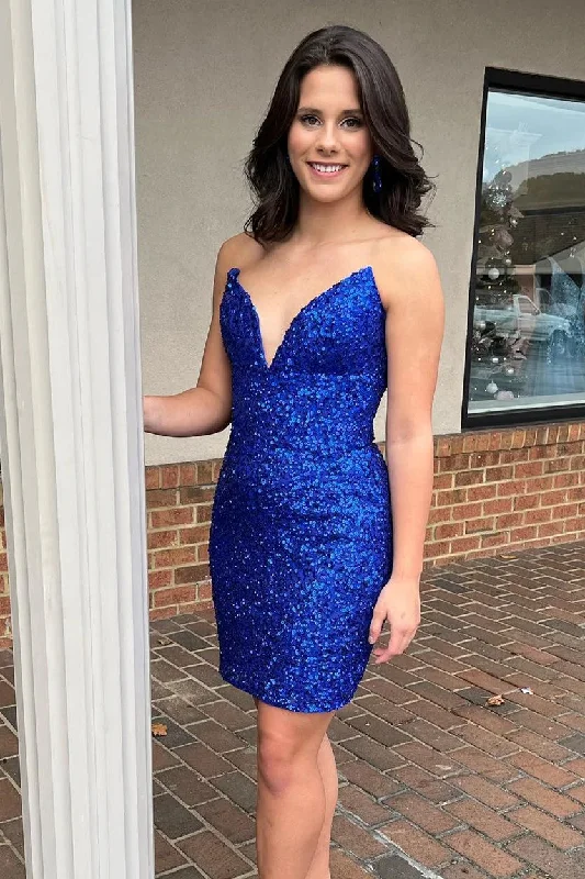 Leather DressSparkle Royal Blue V-Neck Sequins Homecoming Dress