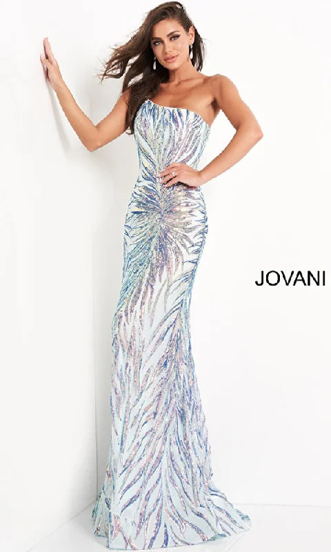 women's lace-up dressesJovani One-Shoulder Long Sequin-Print Prom Dress