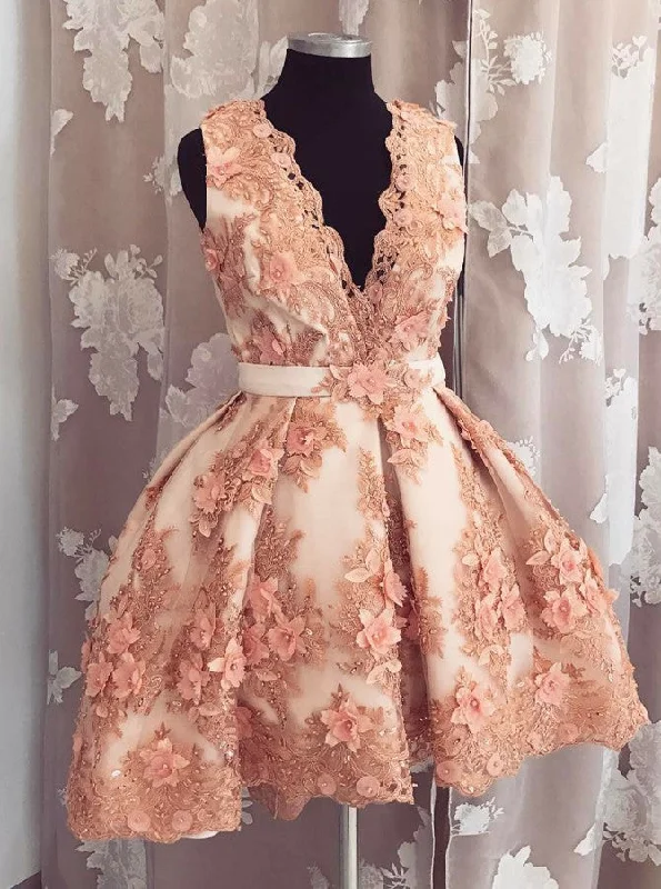 women's stylish dressesBlush Plunge Neckline Tulle Homecoming Dress With Florals Applique Beading OC107