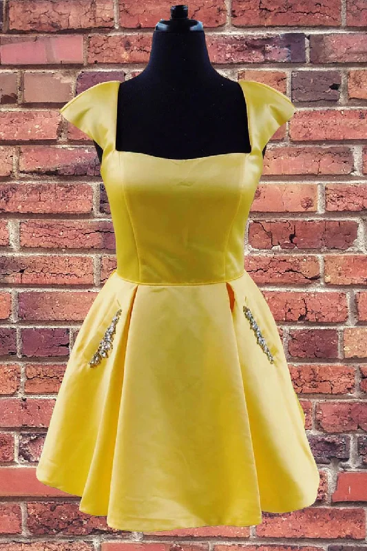 women's versatile dressesA-Line Yellow Cap Sleeves Satin Homecoming Dress With Pockets