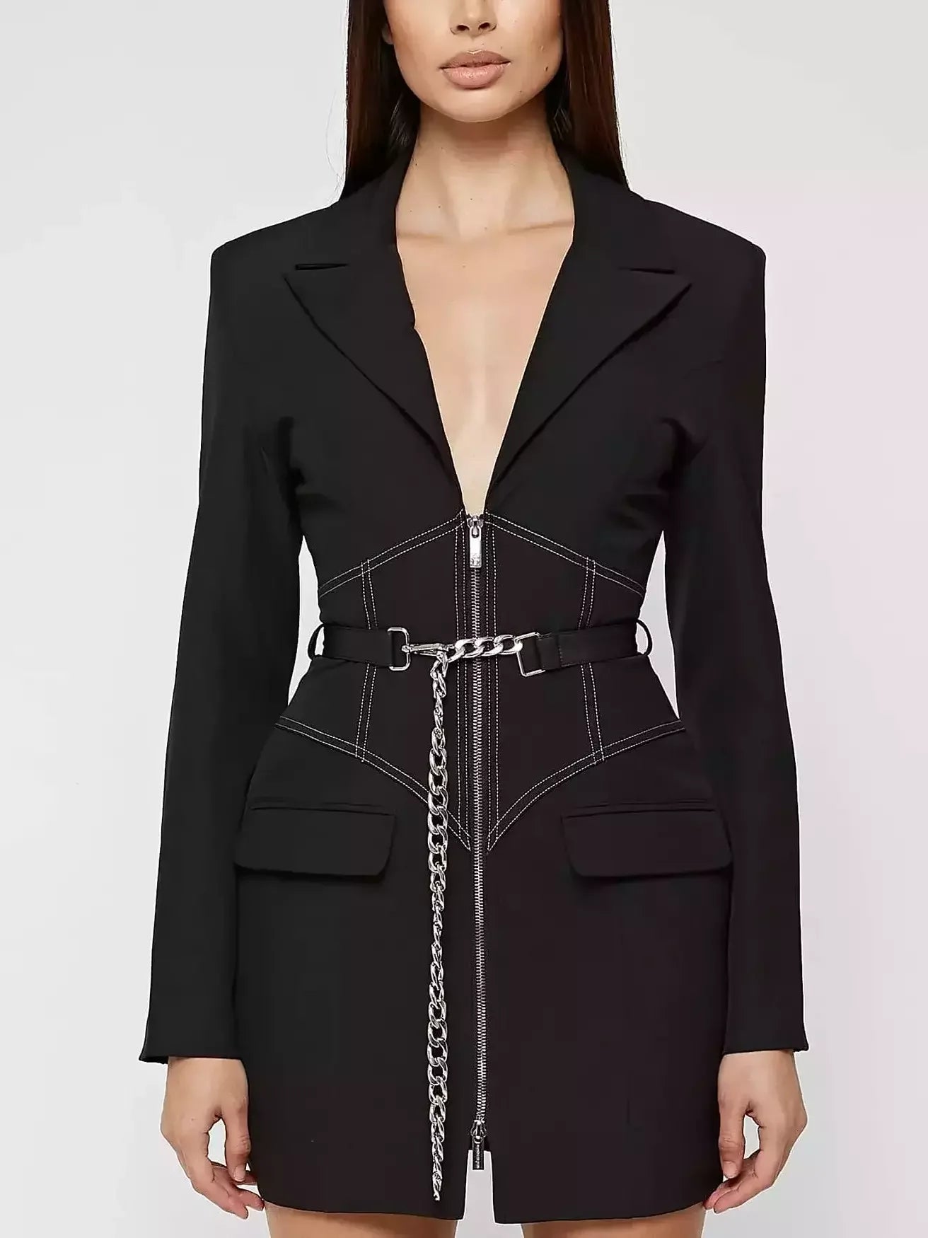 Custom DressCorset Zip-Front Mini Blazer Dress with Chain Belt