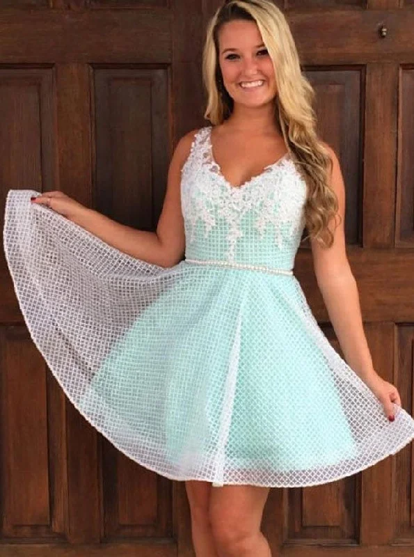 women's hourglass figure dressesA-Line V-Neck Mint Green Short Homecoming Dress With Appliques Beaded OM421