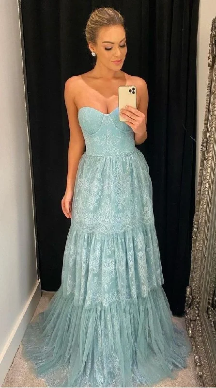 women's custom dressesA-Line Long Blue Lace Prom Dresses Y5354