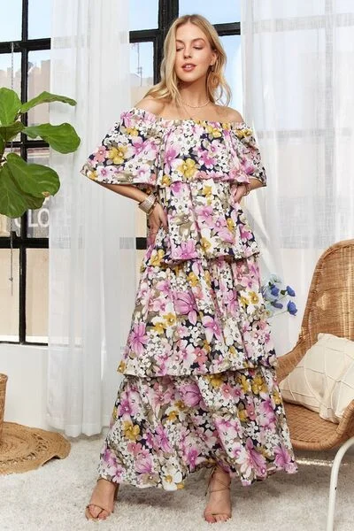 Off-The-Shoulder DressADORA Layered Floral Off-Shoulder Short Sleeve Maxi Dress