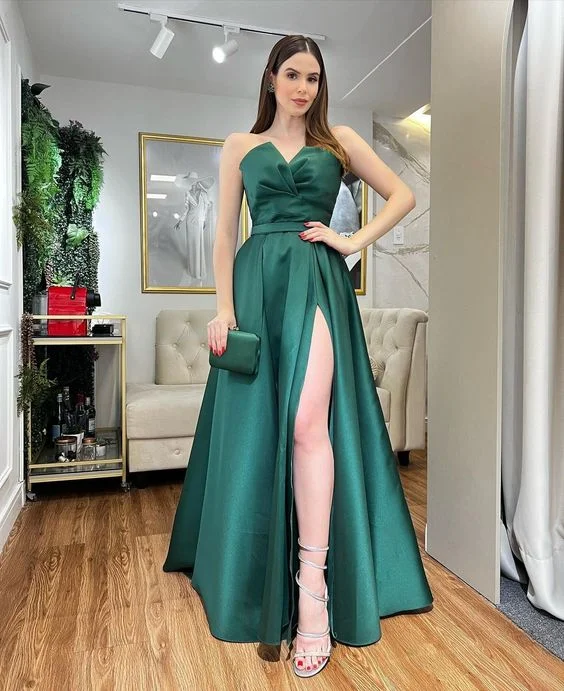 women's plus-size dressesCute A Line Green Long Prom Dresses with Slit Y5373