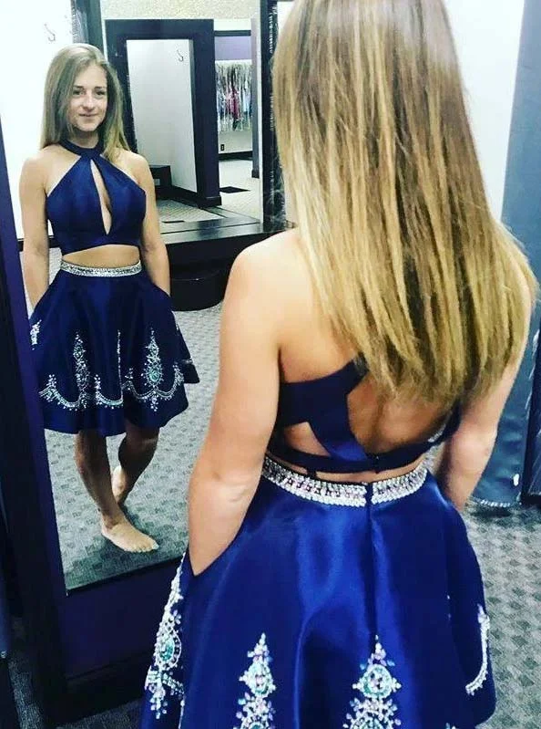 women's bell-sleeved dressesHalter Royal Blue Two Piece Homecoming Dress With Beading OM451