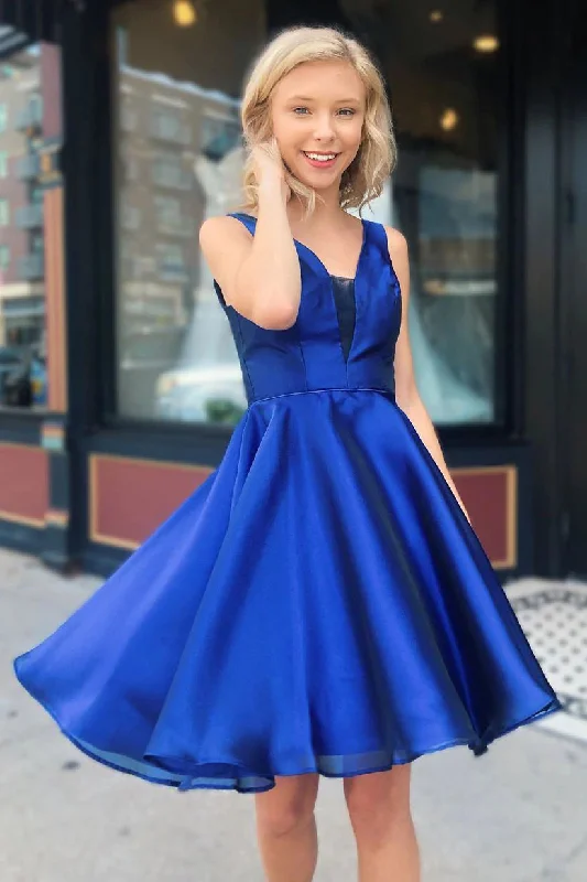 women's stretchy dressesElegant Short A-Line Royal Blue Straps Satin Homecoming Dress