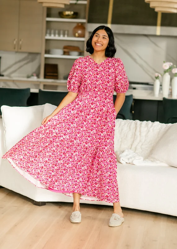 women's high-low dressesFloral Print Rose Pink Tiered Maxi Dress