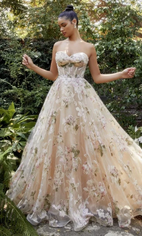 A-Line DressStrapless Long Champagne Floral Prom Gown A1134