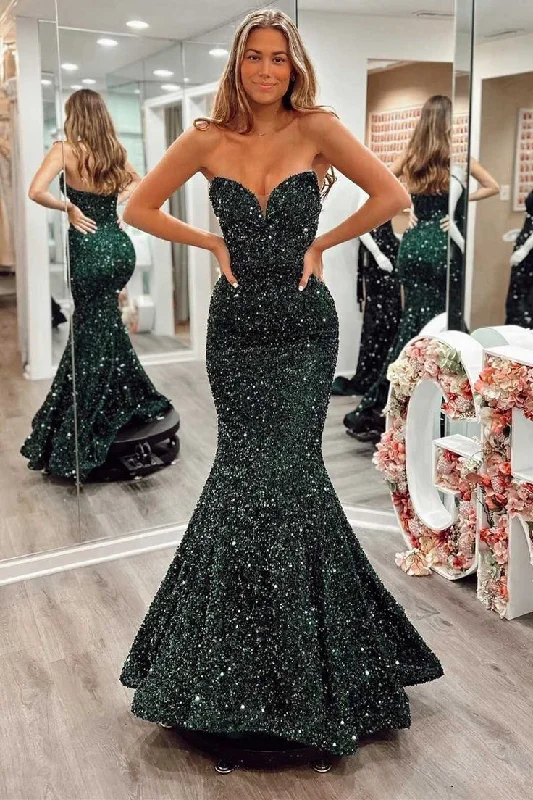 Fit-And-Flare DressShiny Dark Green Mermaid Sequins Prom Dresses Y5344