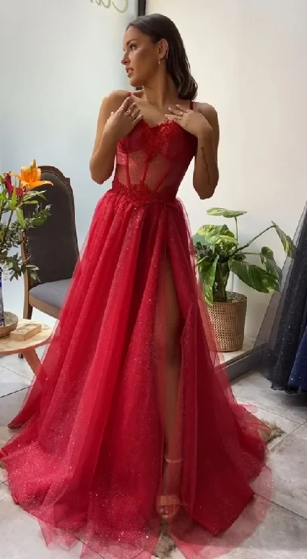 Knit DressShiny Sweetheart Neck Red Lace Long Prom Dresses, High Slit Red Lace Formal Dresses, Red Lace Evening Dresses Y1673