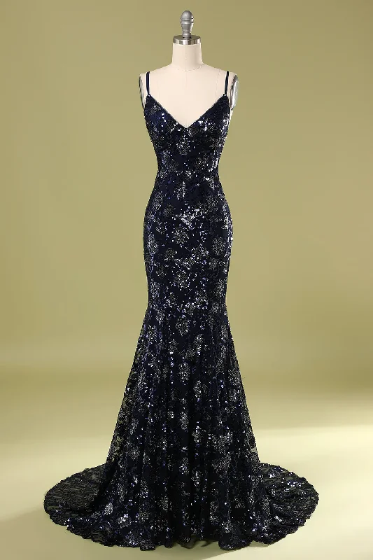 Ruffled Hem DressNavy Blue Evening Dress with Beading Sequins,Chic Prom Dress Y1832