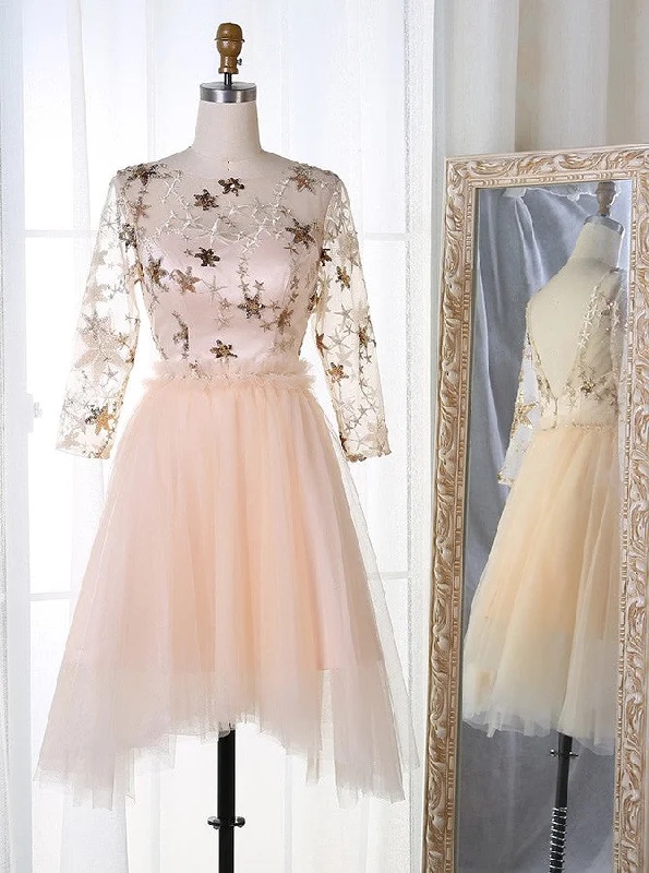 Ribbon DressA-Line Bateau 3/4 Sleeves Stars Embroideried Tulle Homecoming Dress OM302