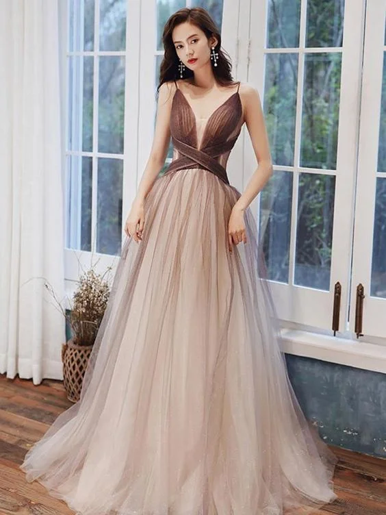 women's evening dressesV Neck Brown Ombre Long Prom Dresses, Brown Ombre Floor Length Formal Evening Dresses Y1820