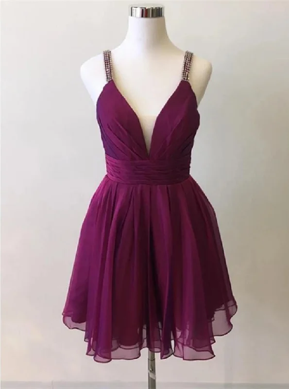 women's plus-size dressesBeaded Straps V Neck Grape Short Chiffon Graduation Homecoming Dresses OM433