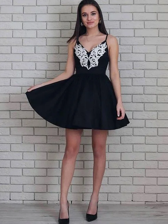 Tea-Length DressBlack Spaghetti A-line V-neck Short Homecoming Dress With Appliques OM352