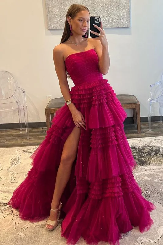 Chic DressA-Line Strapless Tulle Long Prom Dress with Tiered Ruffles Y5301