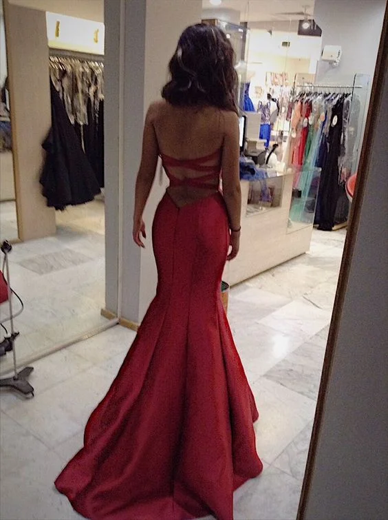 Ball Gown DressBurgundy Satin Mermaid/Trumpet Prom Dress Backless Evening Dress Y1908