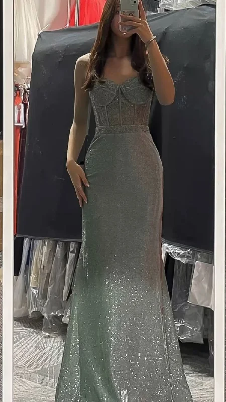 Bow-Tie DressGlitter Grey Mermaid Prom Dress Elegant Grey Evening Dress Y1838