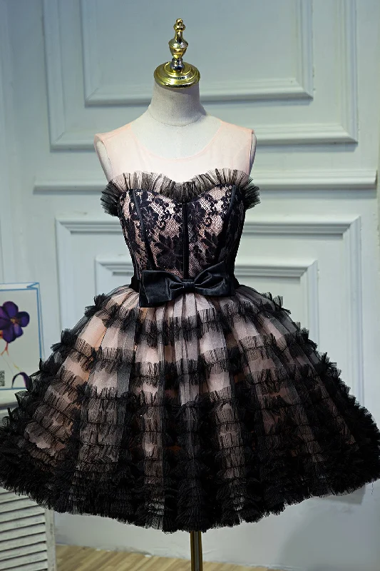 Tea-Length DressBlack Tulle Sweetheart Flower Straps Sleeveless Short Mini Homecoming Dresses