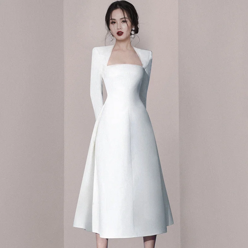 women's chiffon dressesIKEARLAX  Autumn and Winter New Style White Simple Dress Bride Toasting Bridesmaid Dress Banquet Formal Occasion Dinner Suit