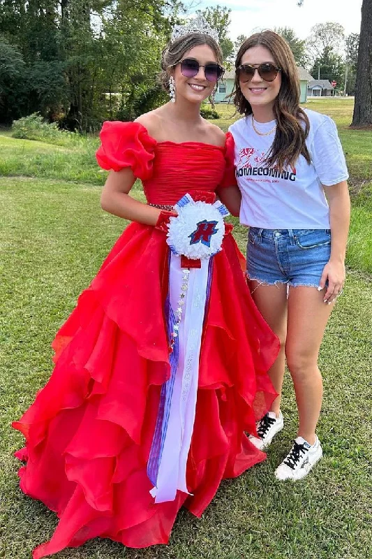 Laced DressOff the Shoulder Red Balloon Sleeves Ruffle Layered Prom Dress Y5314