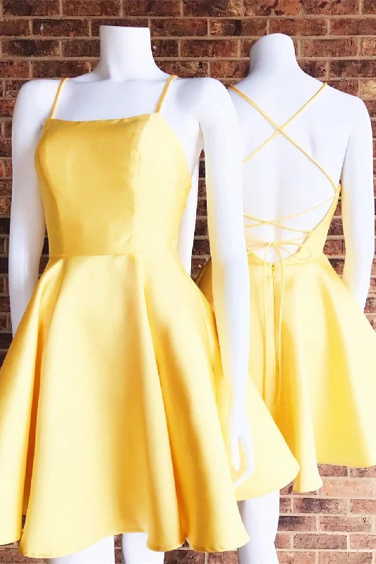 Party DressSimple Short Spaghetti-Straps Yellow Satin Homecoming Dress