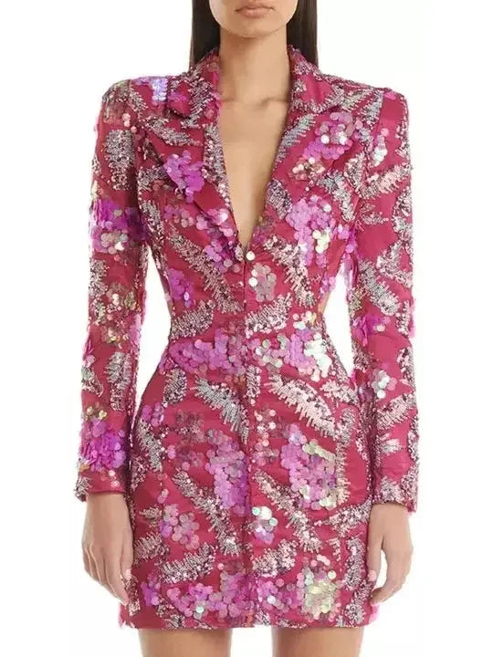 women's A-line dressesSequin-Embellished Backless Mini Blazer Dress