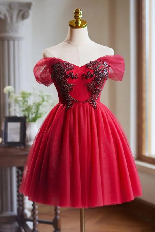 Elegant DressBurgundy Tulle Off the Shoulder Beaded Short Homecoming Dress