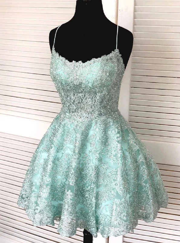 Sheath DressSpaghetti-straps Mint Green Short Lace Backless Homecoming Dresses OM504