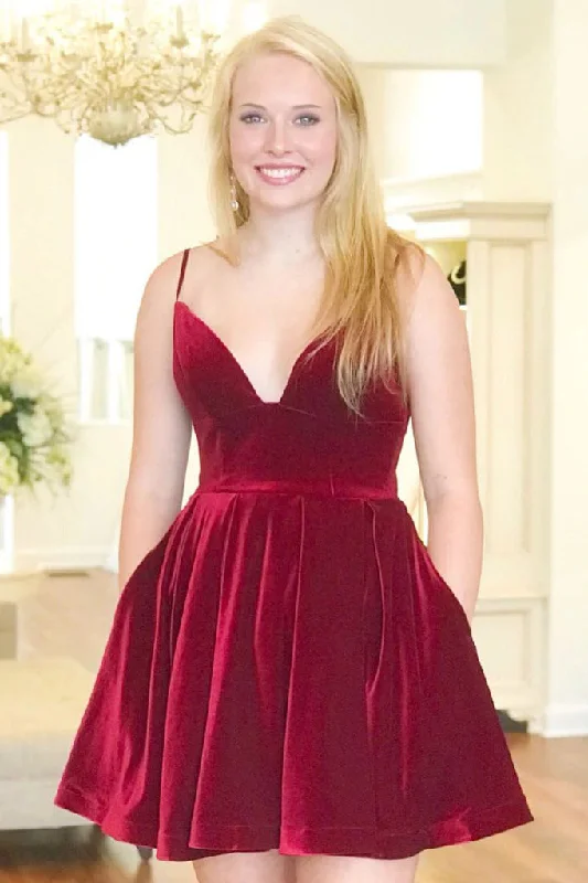 women's fashionable dressesShort A-Line Burgundy Spaghetti Straps V-Neck Velvet Homecoming Dress